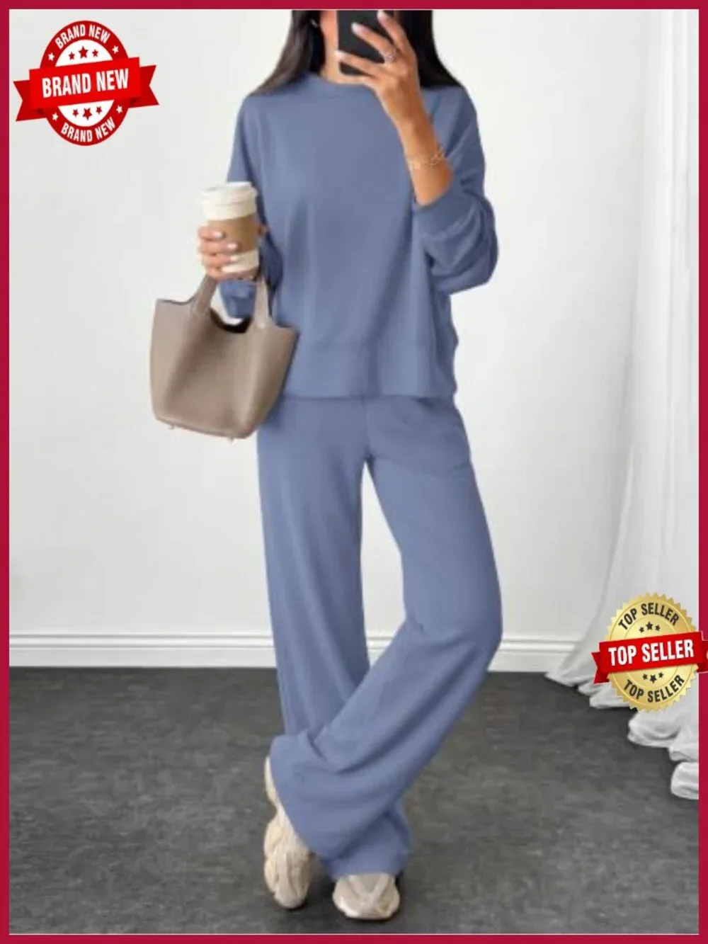 Womens 2 Piece Lounge Set Oversized Crewneck Sweatshirt Wide Leg Pants Pockets